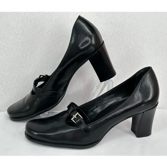 Franco Sarto Black Leather Mary Jane T Strap Round Toe Chunky Block Heels 7M - Picture 3 of 10